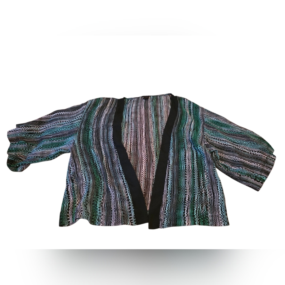 Wet Seal Sheer Black, Green & White Veryical Striped Open Front Shrug Size S EUC